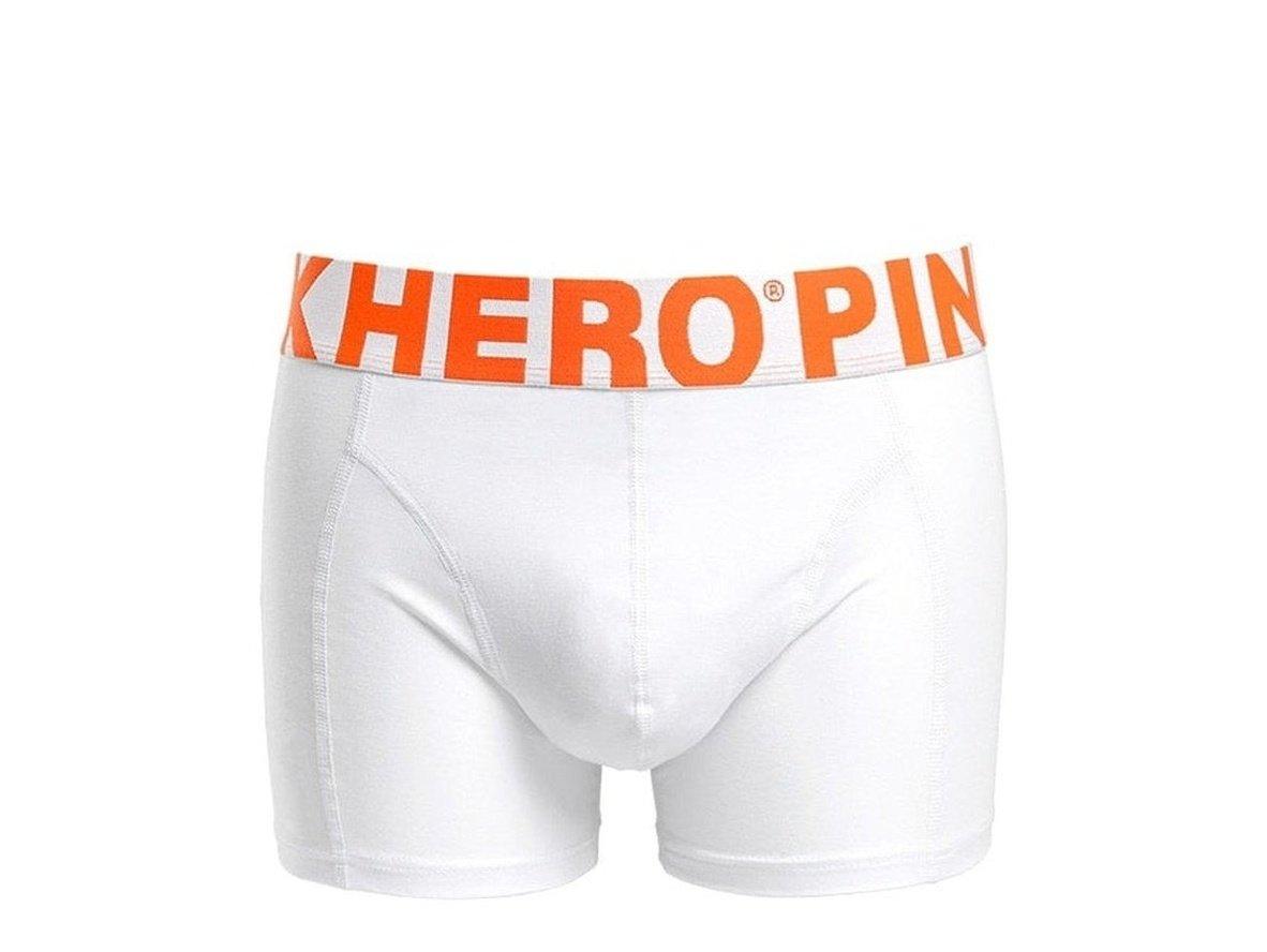 White solid cotton PINK HERO men's low-rise boxer briefs with orange waistband lettering
