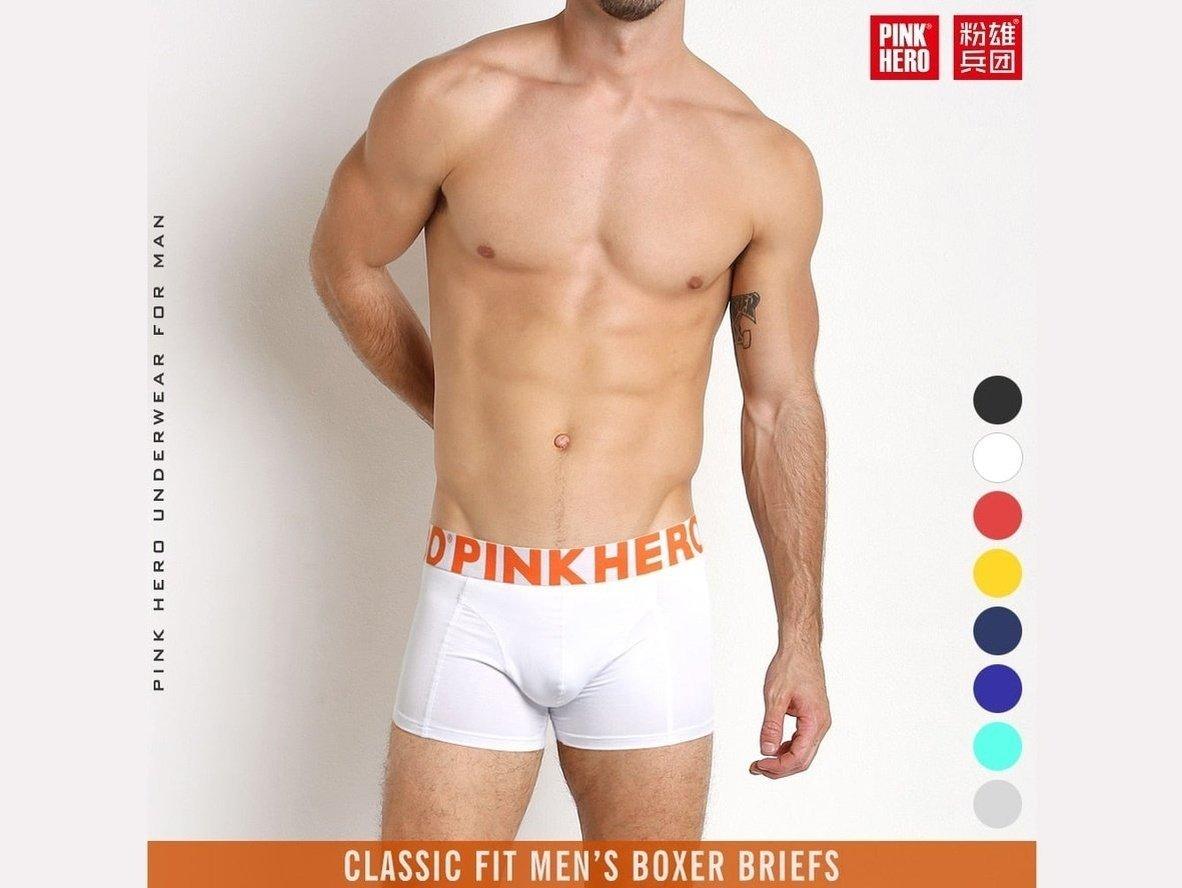 White PINK HERO men's low-rise boxer briefs with orange waistband and color swatches