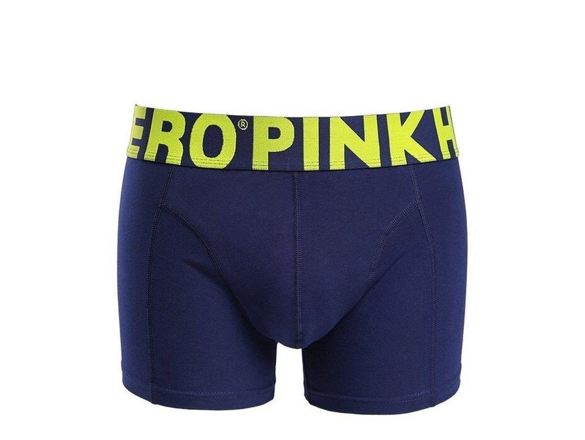 Navy blue PINK HERO men's low-rise boxer briefs with neon green waistband and stitching detail