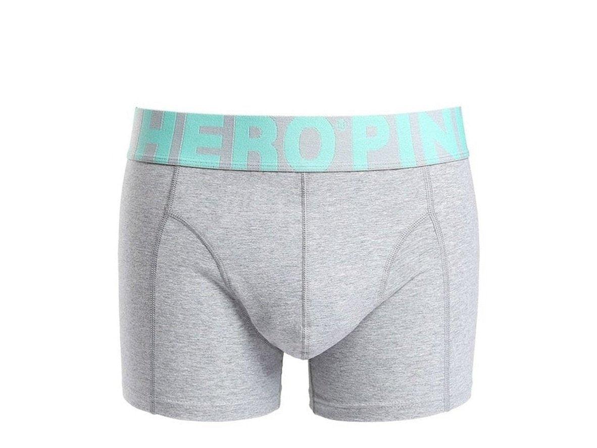 Gray heather PINK HERO men's low-rise boxer briefs with mint green waistband text