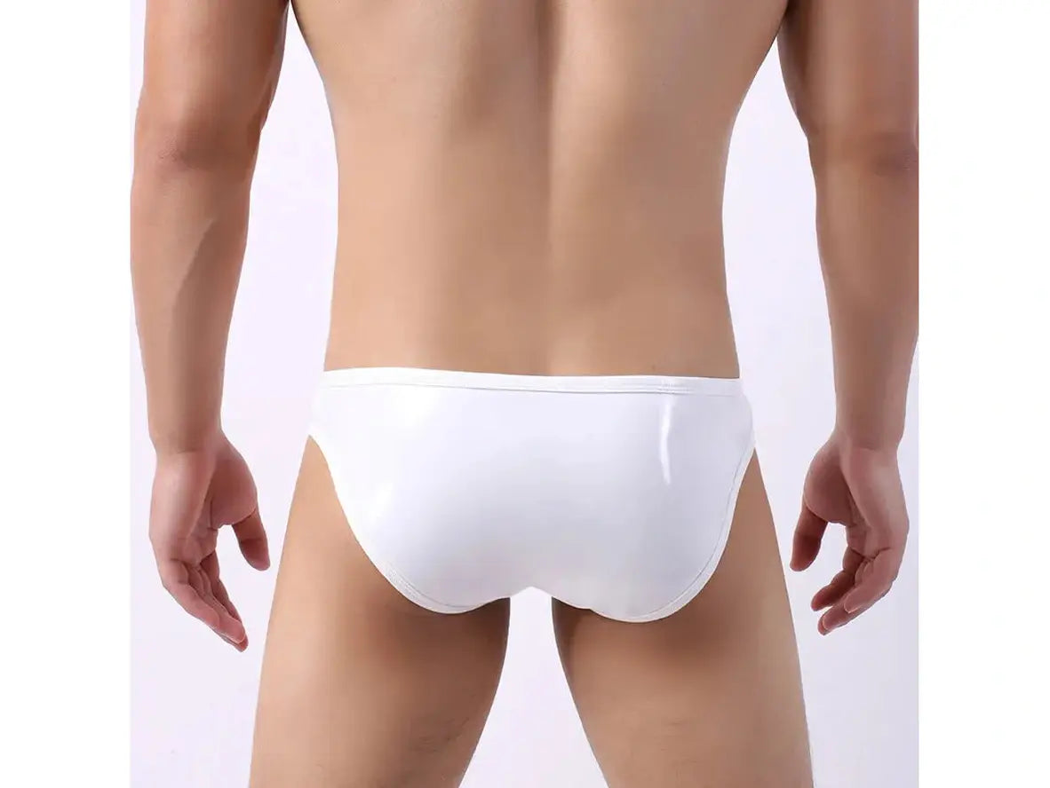 White high-shine faux leather briefs back view with thin waistband