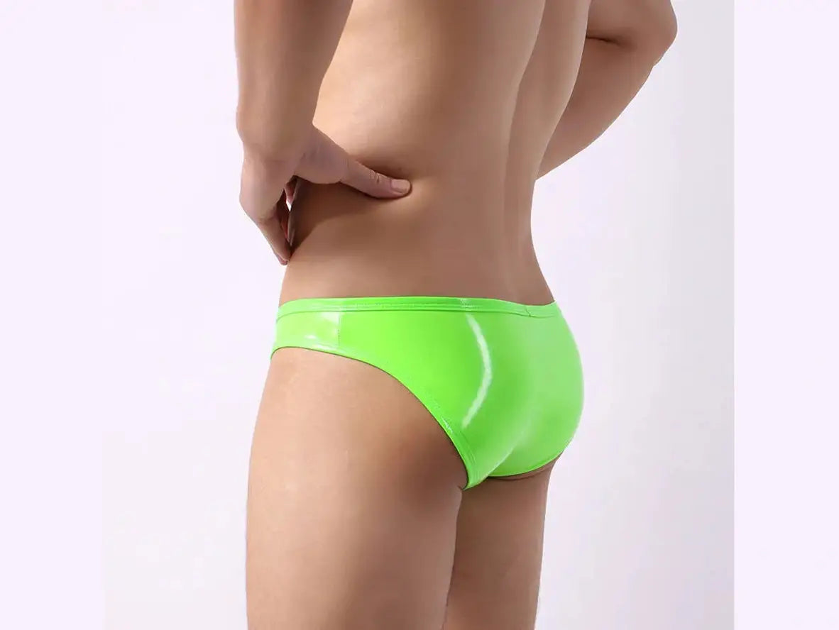 Back view of neon green faux leather briefs with smooth waistband