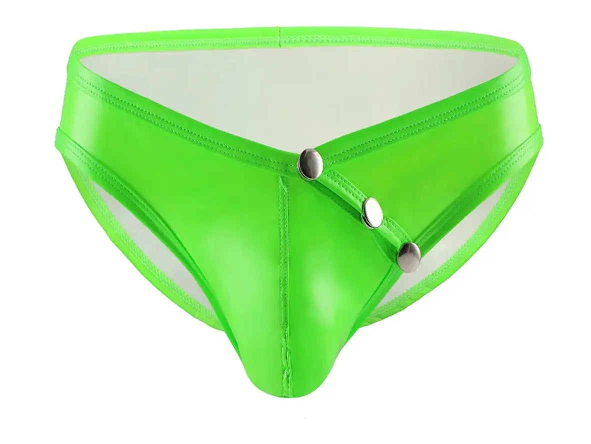 Neon green high-gloss faux leather briefs with three front snap buttons