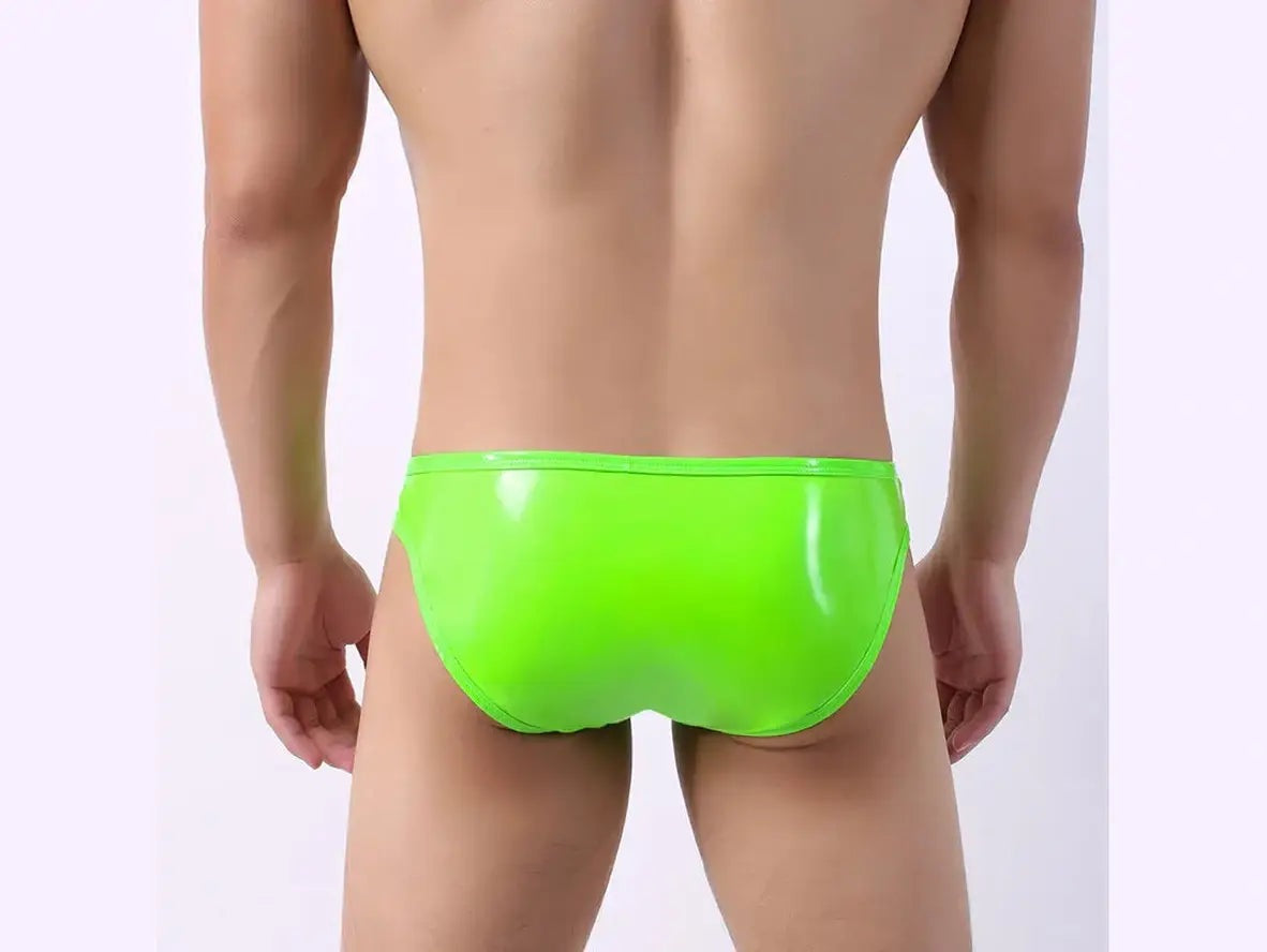 Neon green glossy faux leather briefs back view highlighting sheen