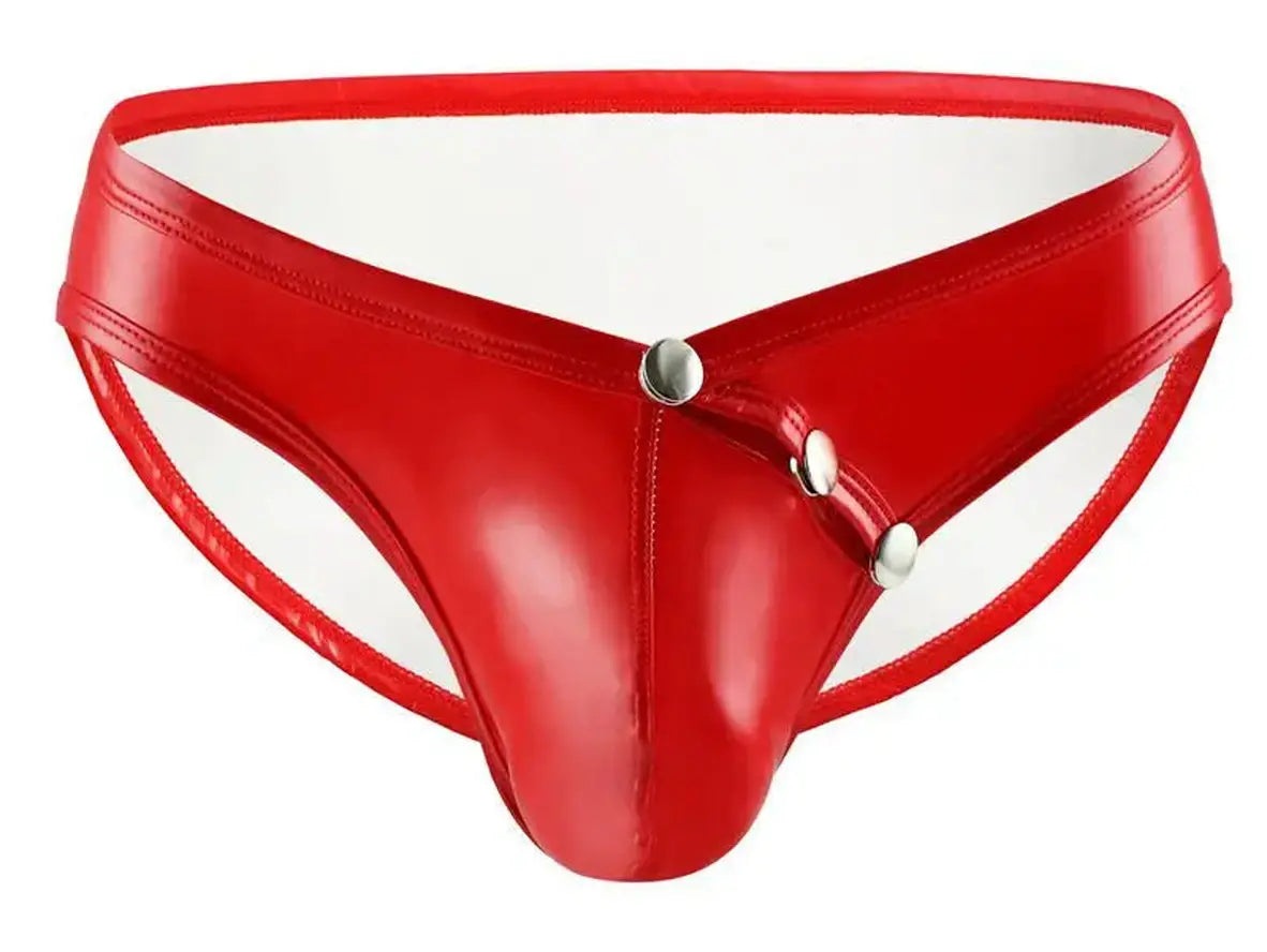 Red faux leather briefs flat lay with wide waistband and metal snaps