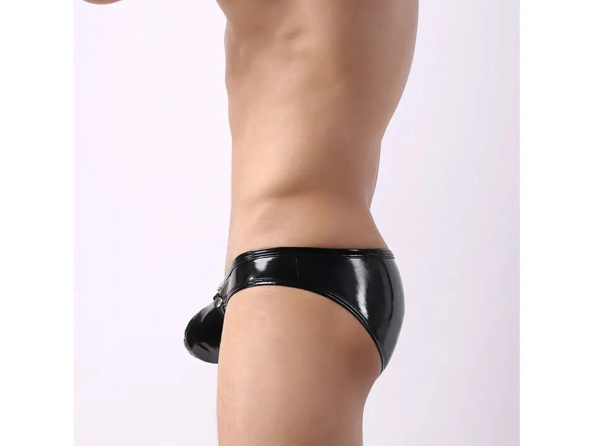 Black faux leather briefs side profile with metallic ring detail