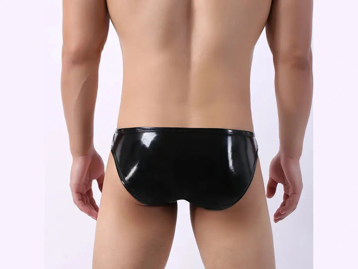 Black high-shine faux leather briefs back view with uniform waistband