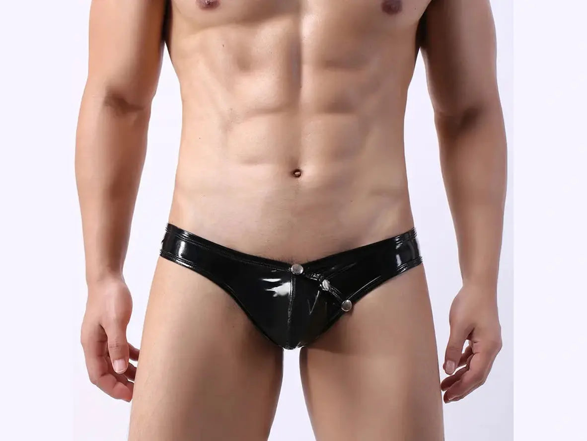 Black high-shine faux leather briefs front view with V-panel and snaps