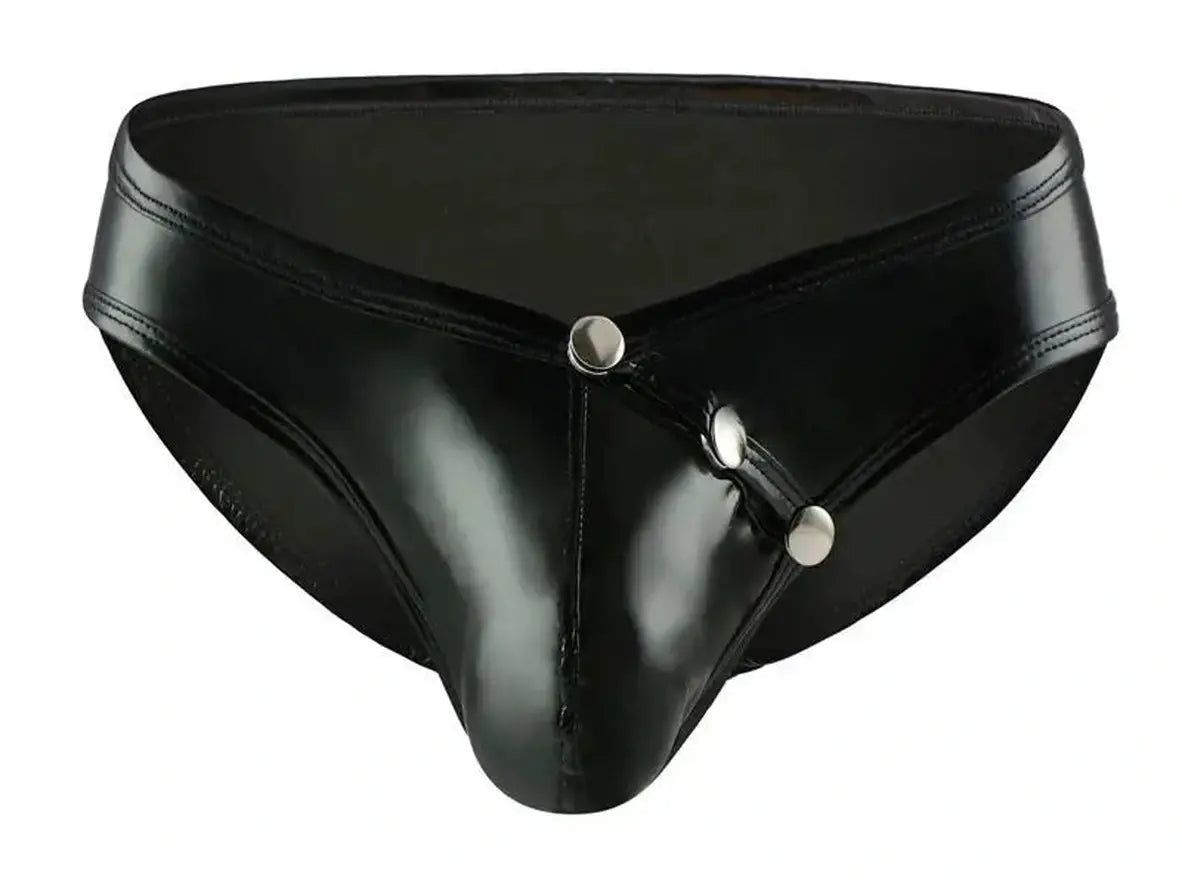 Black faux leather briefs product shot with vertical snap button detail