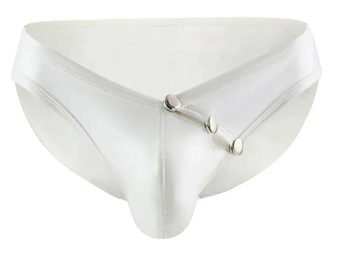 White glossy faux leather underwear flat lay showing diagonal strap and snaps