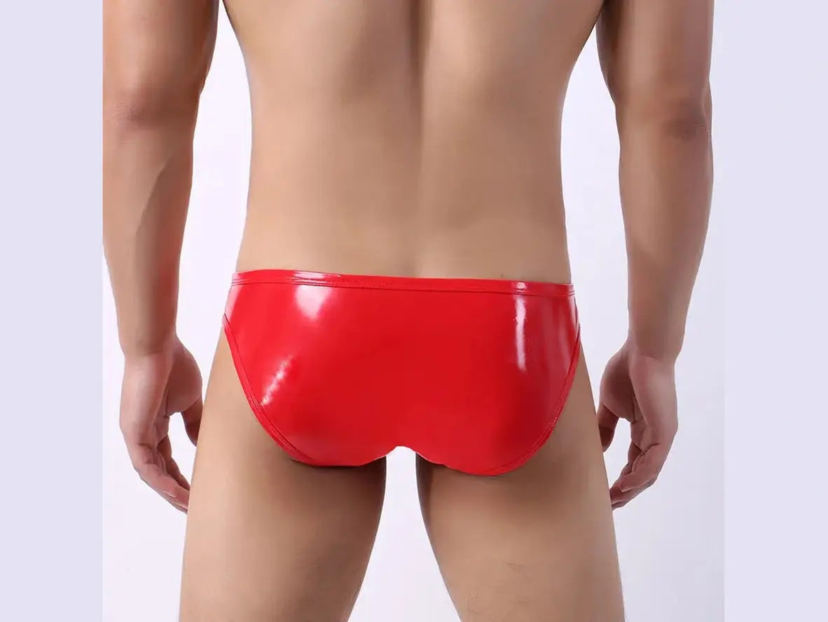 Red high-shine faux leather briefs back view with narrow waistband