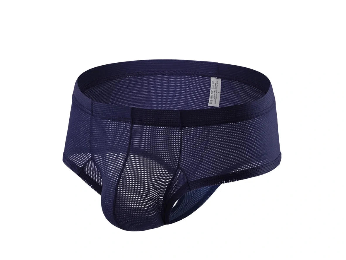 Navy men's low-rise mesh brief front view with grid texture size S