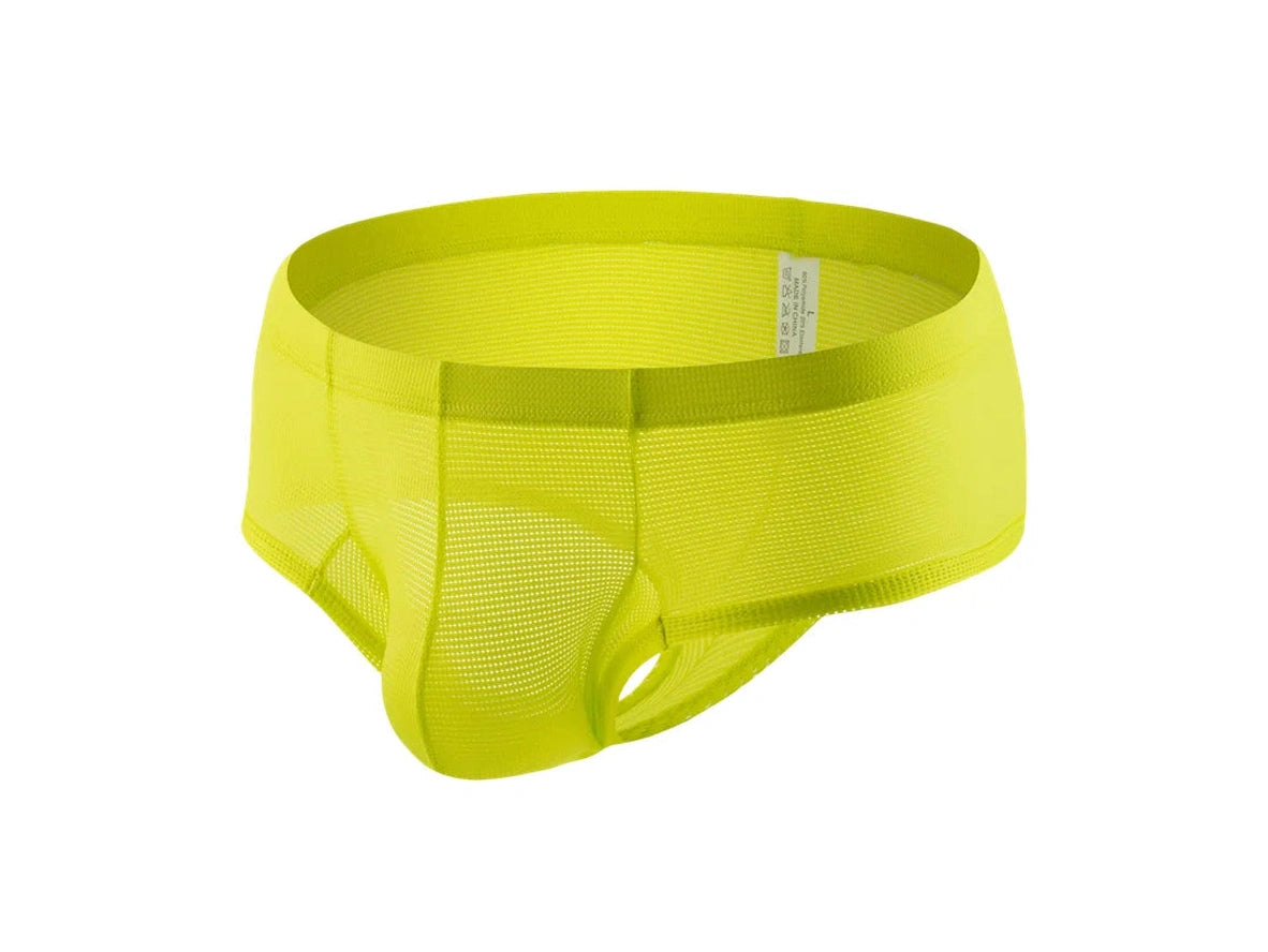 Lime green men's low-rise mesh brief front view with grid texture size S