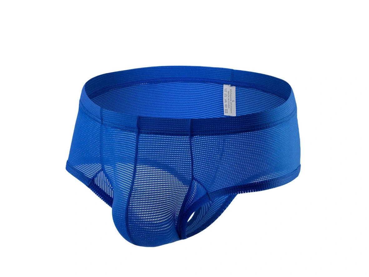 Royal blue men's mesh brief flat lay with care label size L