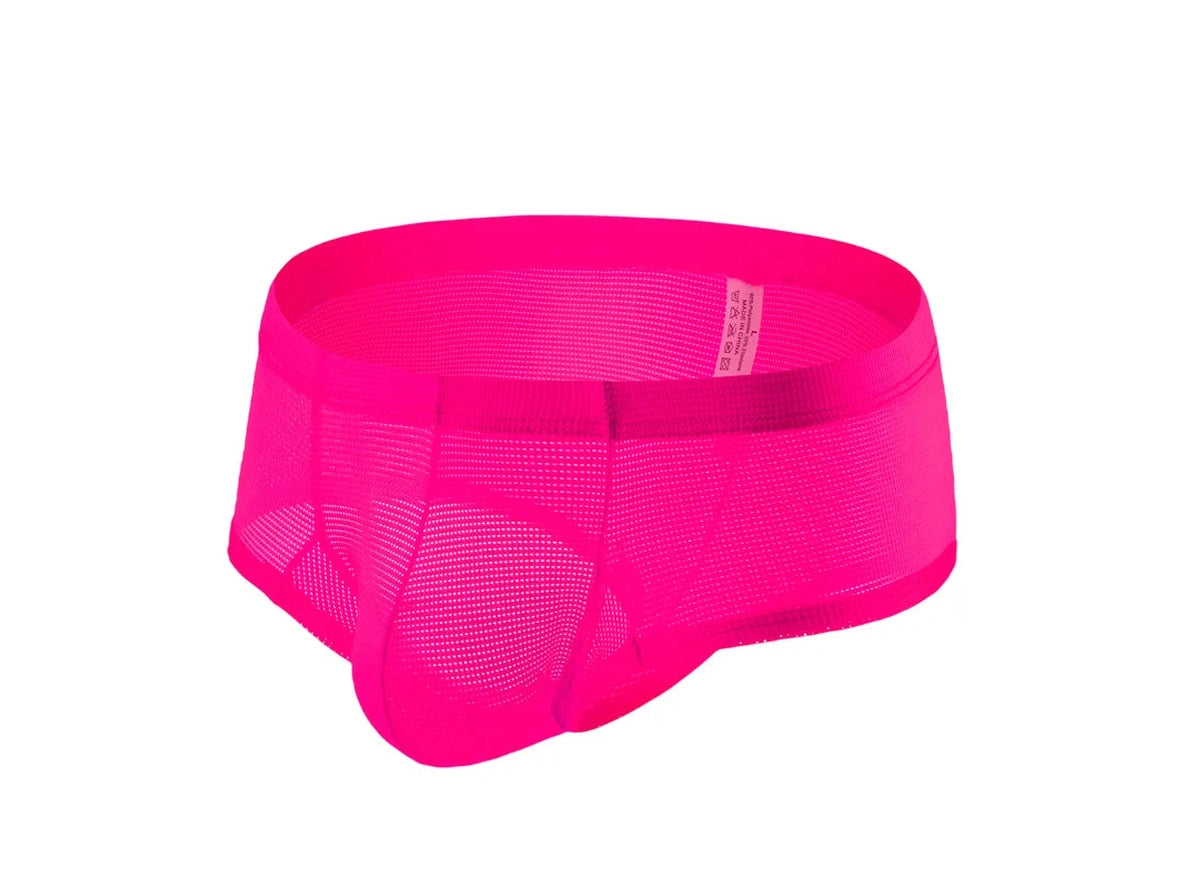 Fuchsia men's mesh brief flat lay with care label size L