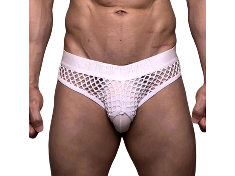 Black JOCKMAIL fishnet briefs with solid crotch panel