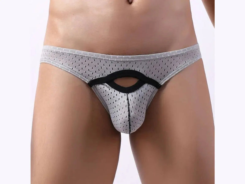 Light gray mesh briefs featuring black-trimmed groin cutout and central seam
