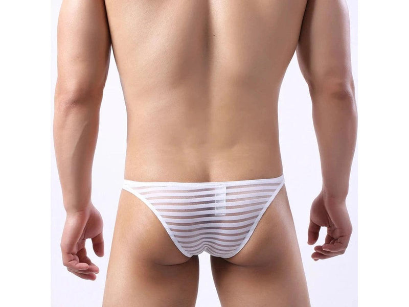 White sheer striped gay briefs back view with brand tag detail