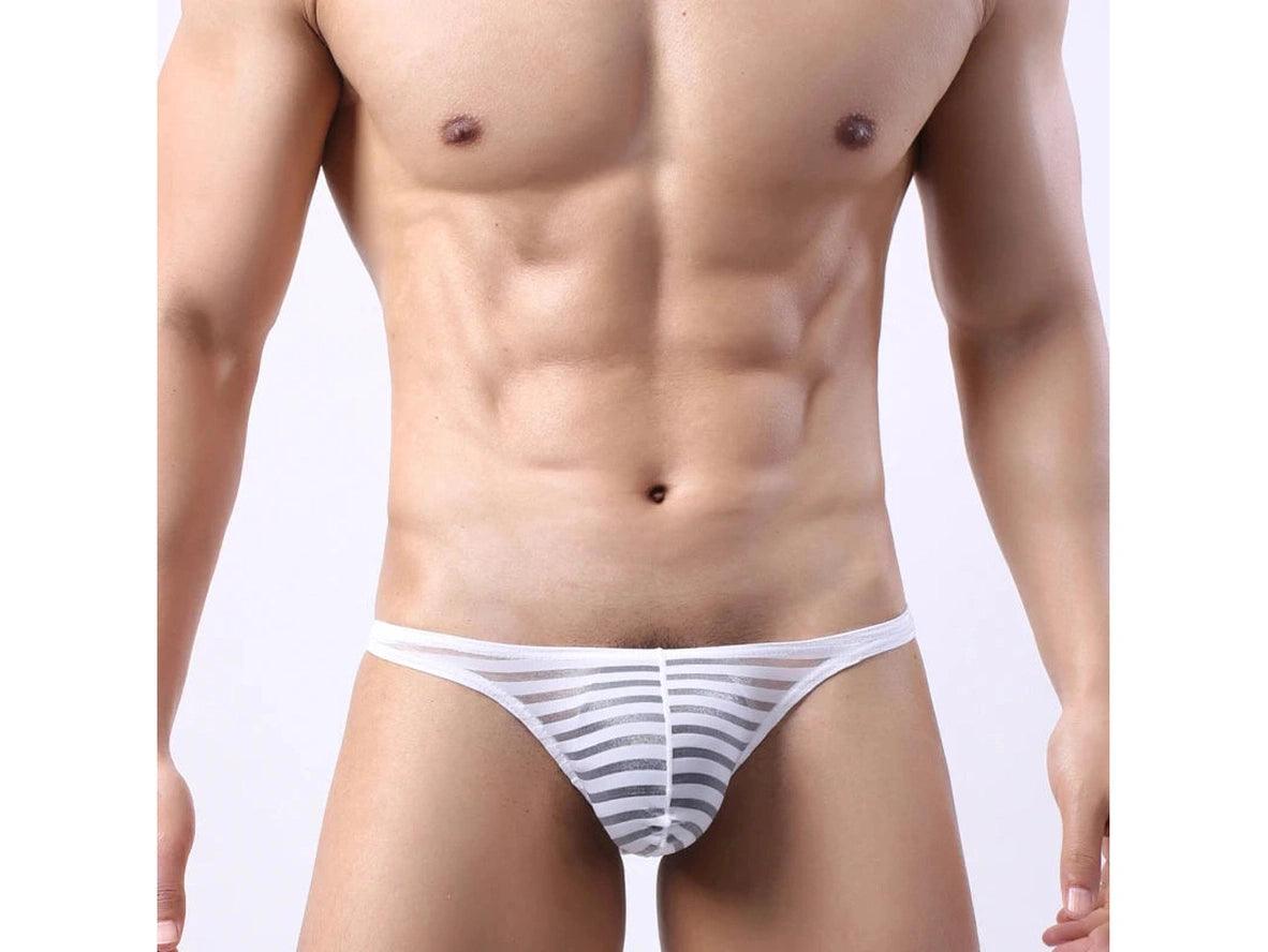 White sheer striped gay underwear low-rise thong style front