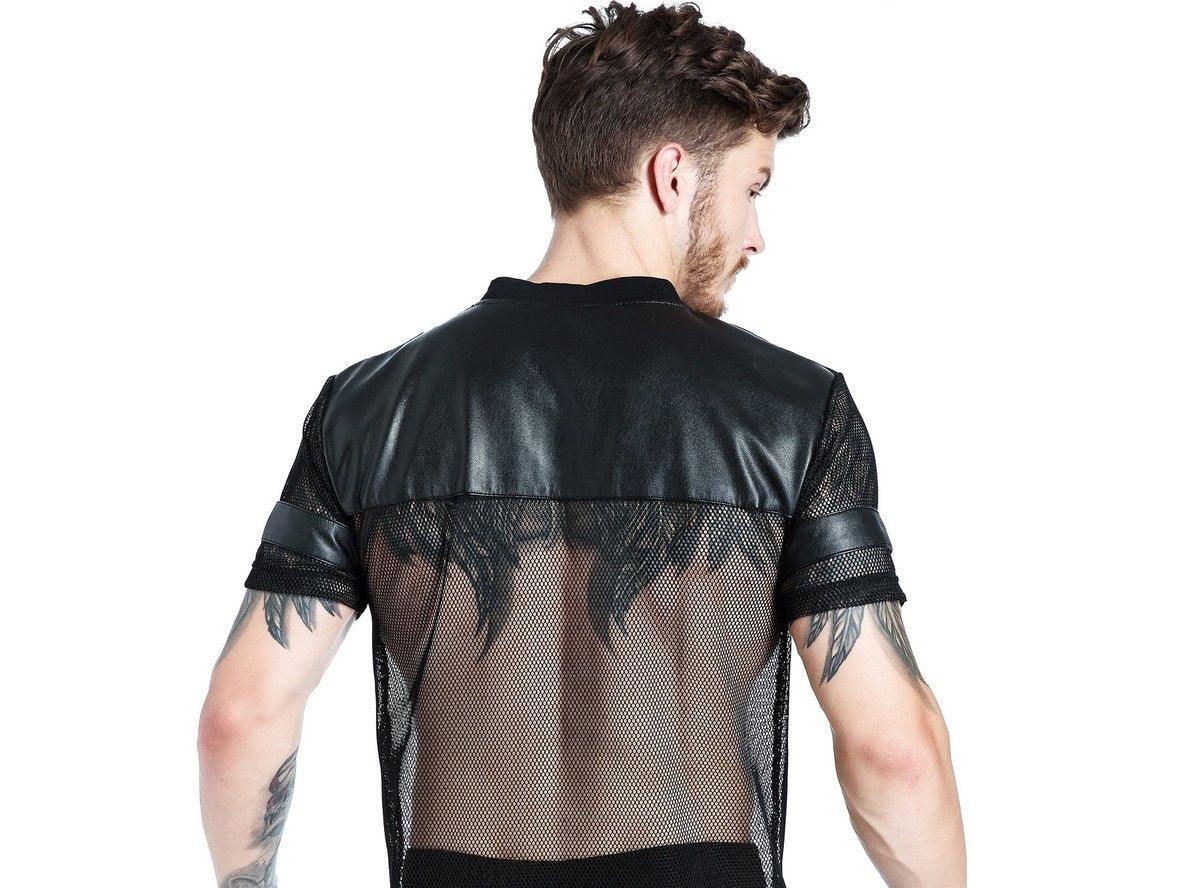Back view of men's black mesh top showing feather tattoos through sheer fabric and faux leather shoulder panels