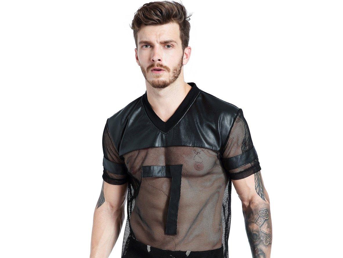 Black number 7 mesh V-neck top for men with faux leather yoke and chest patch front studio shot