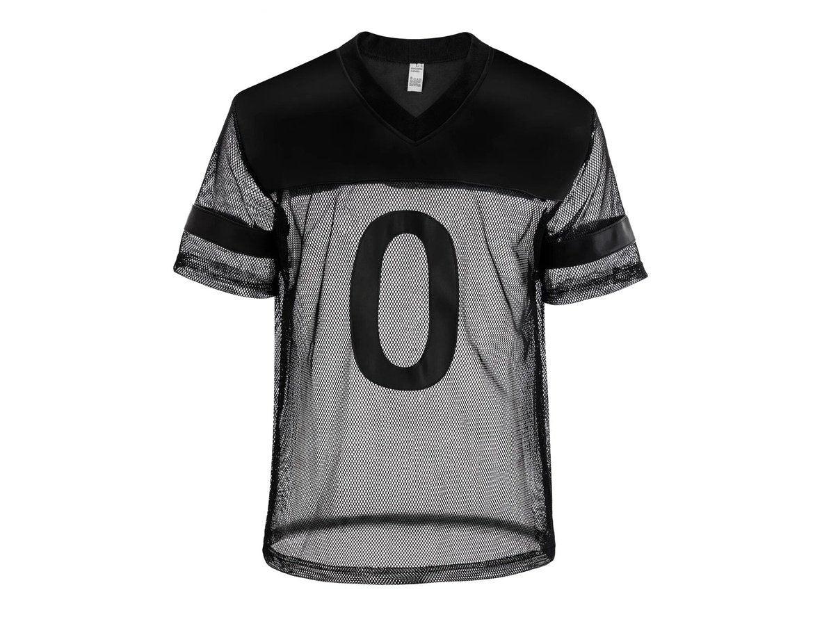 Black number 0 mesh football jersey for men V-neck with faux leather shoulders and sleeve cuffs flat lay
