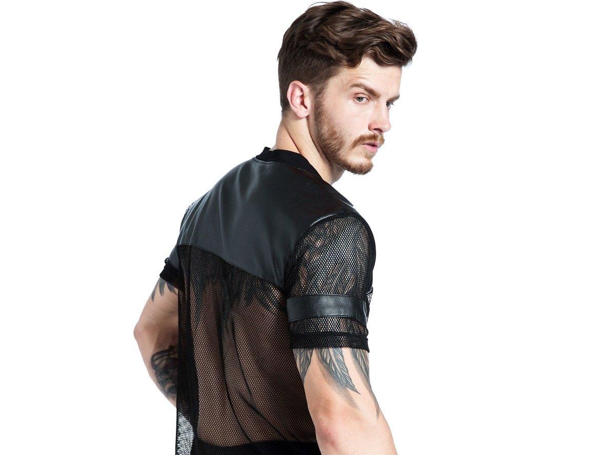 Black mesh faux leather short sleeve top for men side profile with solid shoulder panels and bicep bands