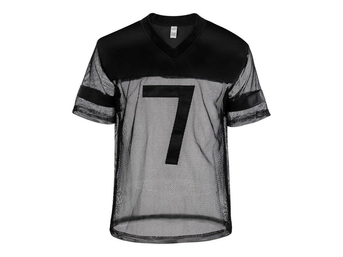 Flat lay black number 7 mesh V-neck top for men with matte faux leather yoke and sleeve cuffs