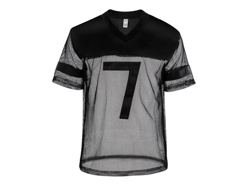 Men's black mesh top with faux leather chest strap and diagonal cross detail front pose