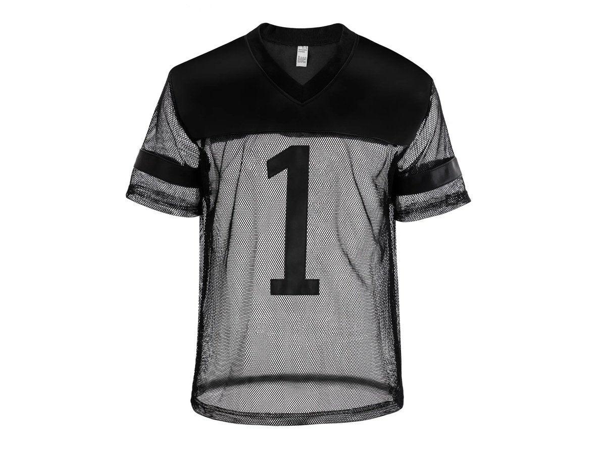 Black number 1 mesh football jersey for men V-neck with faux leather shoulders and sleeve cuffs flat lay