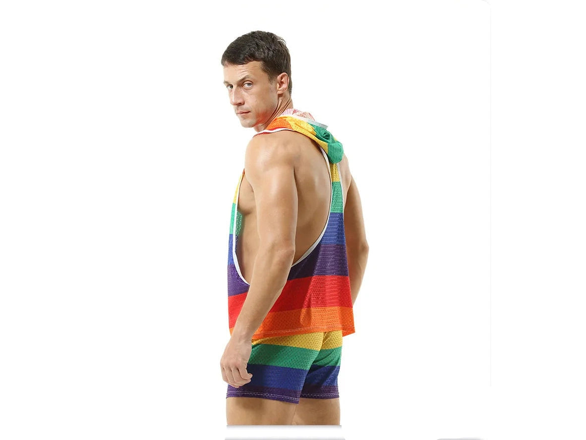 Gay Clubwear | Sleeveless Y-Back Design Mesh Pride Hoodie ( Top Only)