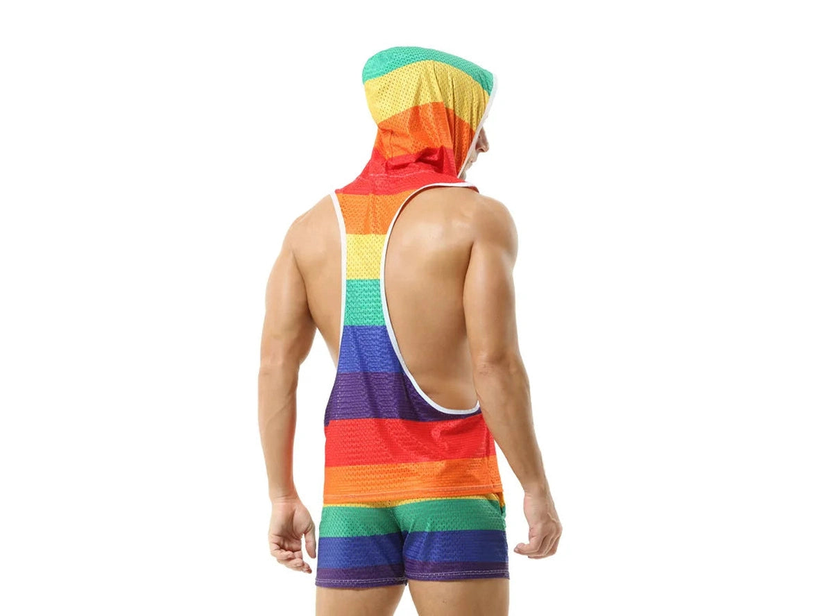 Gay Clubwear | Sleeveless Y-Back Design Mesh Pride Hoodie ( Top Only)