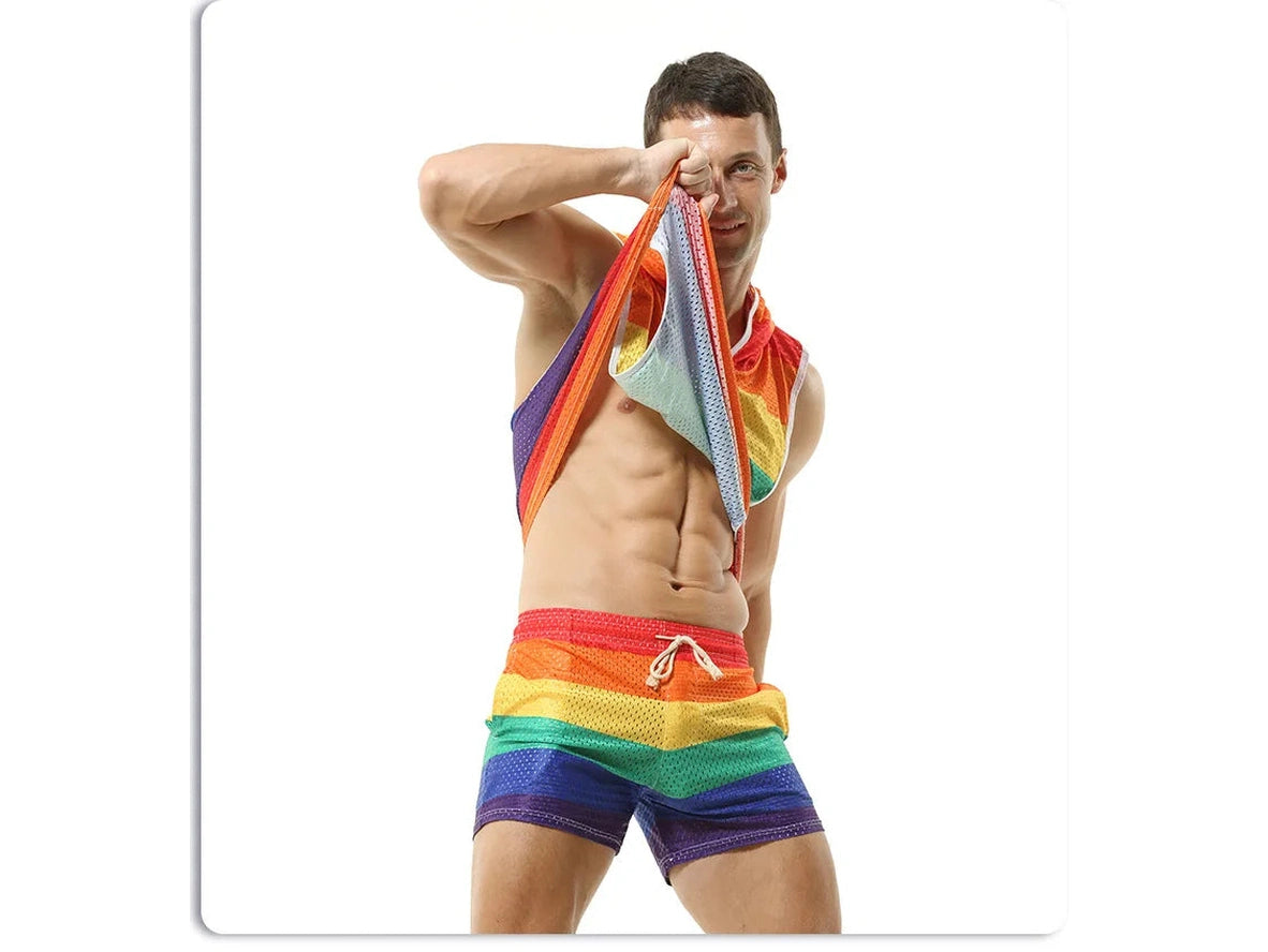 Gay Clubwear | Sleeveless Y-Back Design Mesh Pride Hoodie ( Top Only)