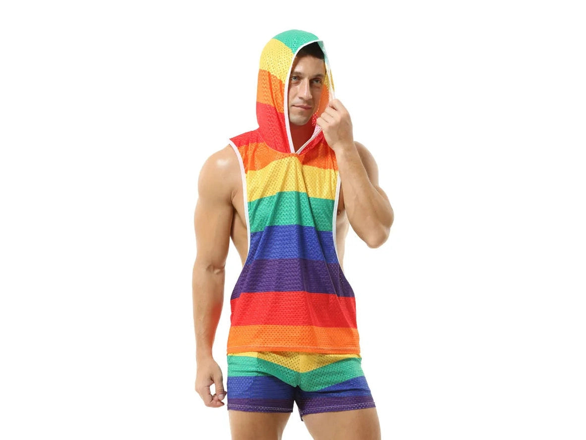 Gay Clubwear | Sleeveless Y-Back Design Mesh Pride Hoodie ( Top Only)