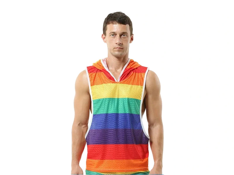 Gay Clubwear | Sleeveless Y-Back Design Mesh Pride Hoodie ( Top Only)