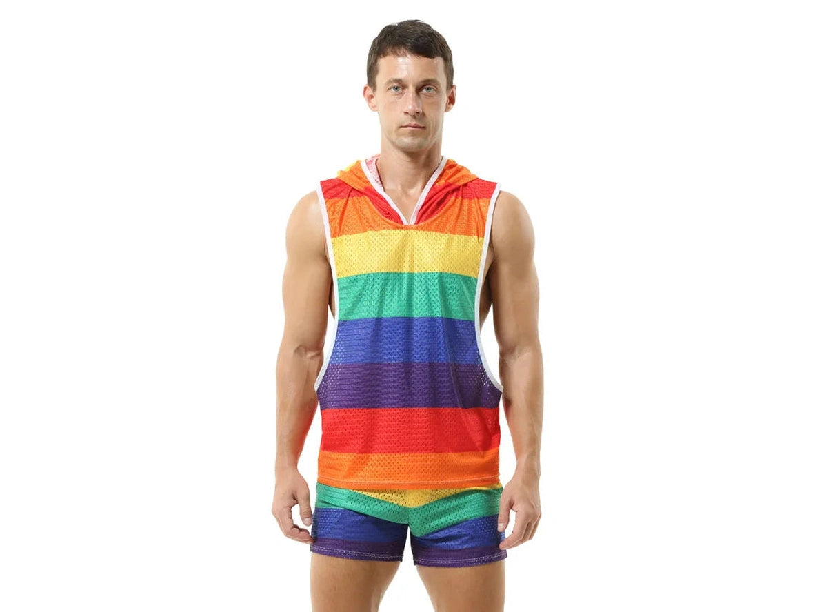 Gay Clubwear | Sleeveless Y-Back Design Mesh Pride Hoodie ( Top Only)