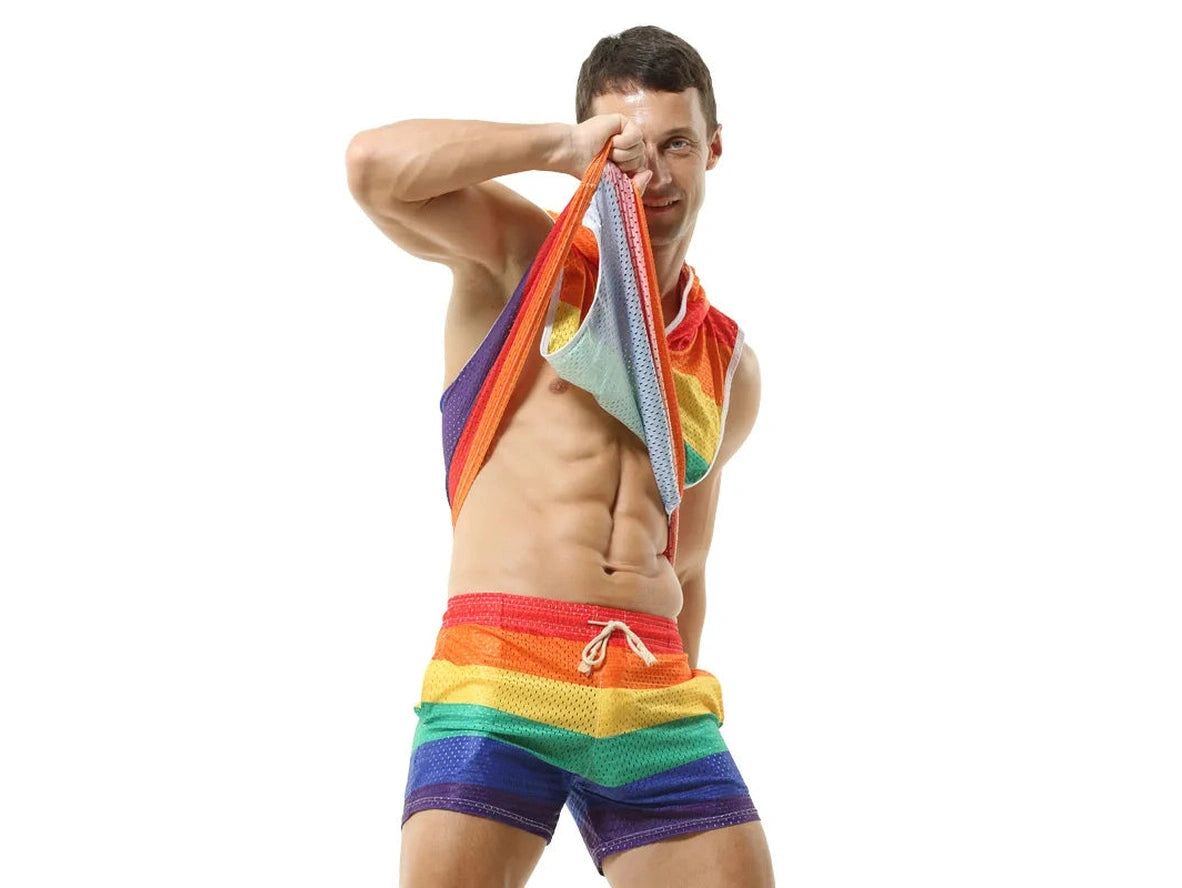 Gay Clubwear | Sleeveless Y-Back Design Mesh Pride Hoodie ( Top Only)