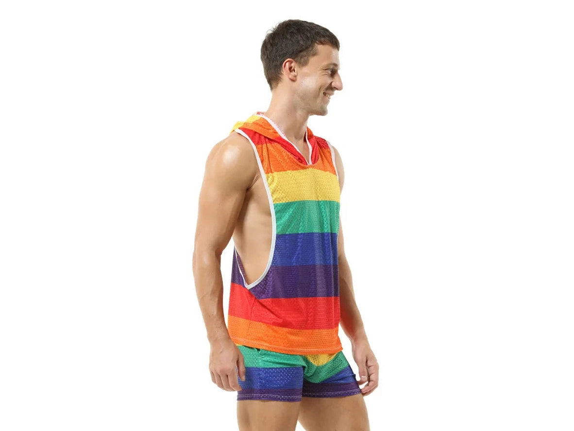 Gay Clubwear | Sleeveless Y-Back Design Mesh Pride Hoodie ( Top Only)