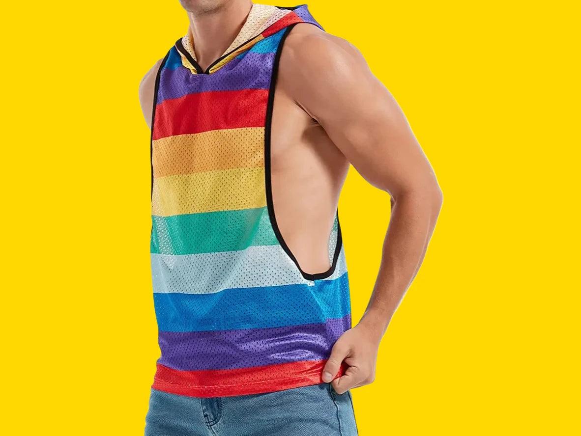 Gay Clubwear | Sleeveless Y-Back Design Mesh Pride Hoodie