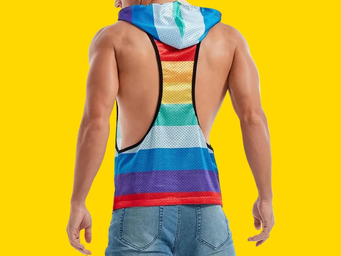 Gay Clubwear | Sleeveless Y-Back Design Mesh Pride Hoodie