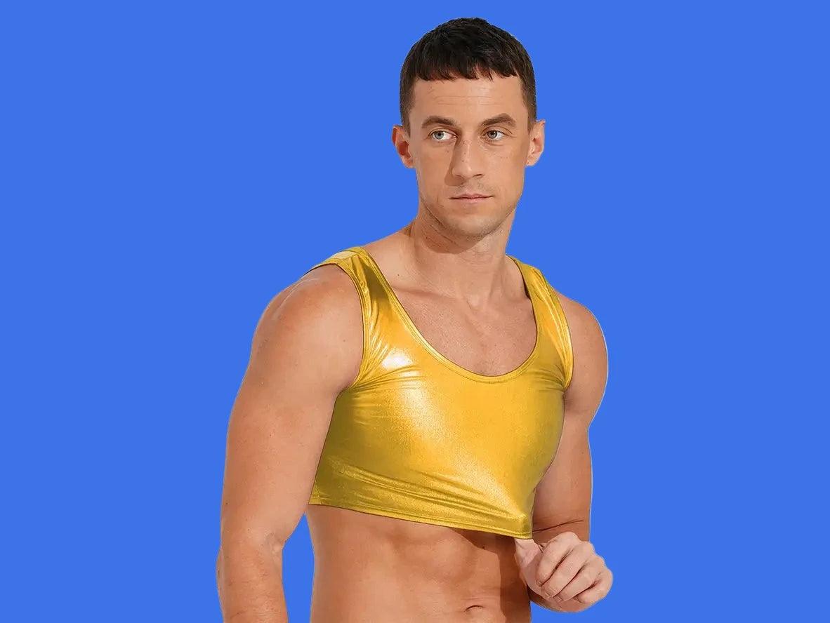 Gold metallic stretchy crop top for men with scoop neckline