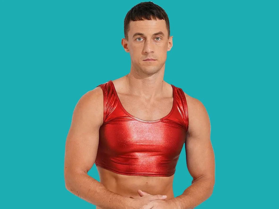 Red metallic stretchy crop top for men party wear