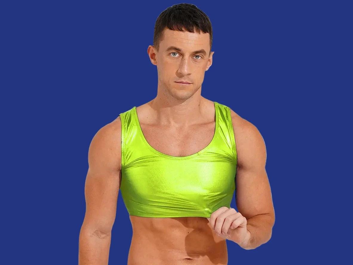 Lime green metallic stretchy crop top for men high-gloss