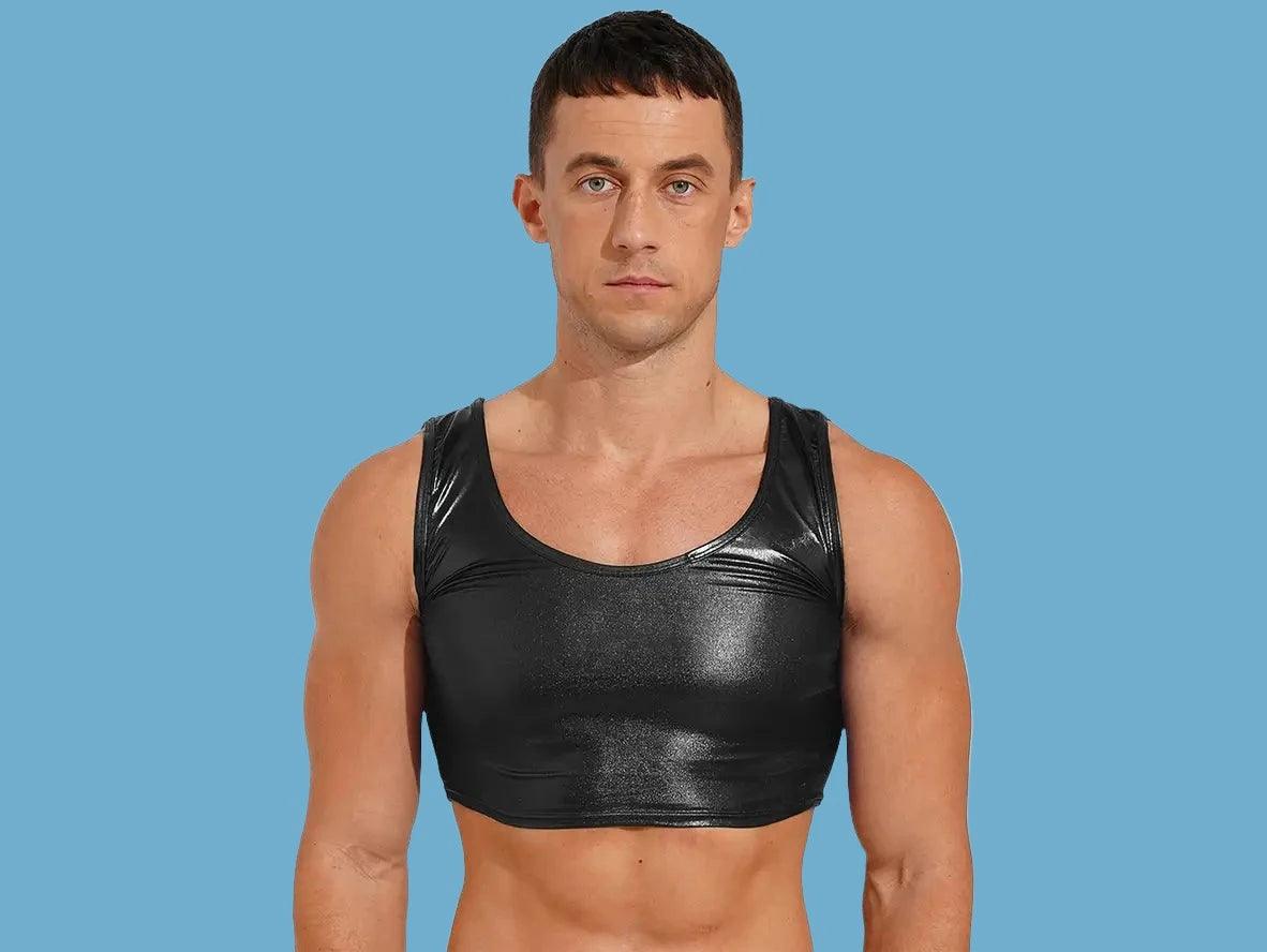 Black metallic crop top for men glossy stretchy fabric