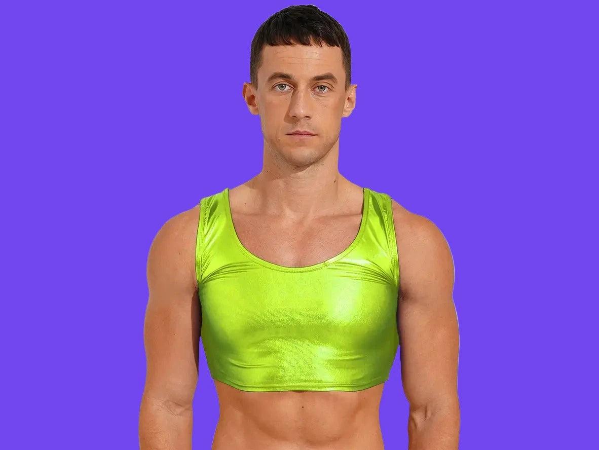 Lime green metallic sleeveless crop top for men form-fitting