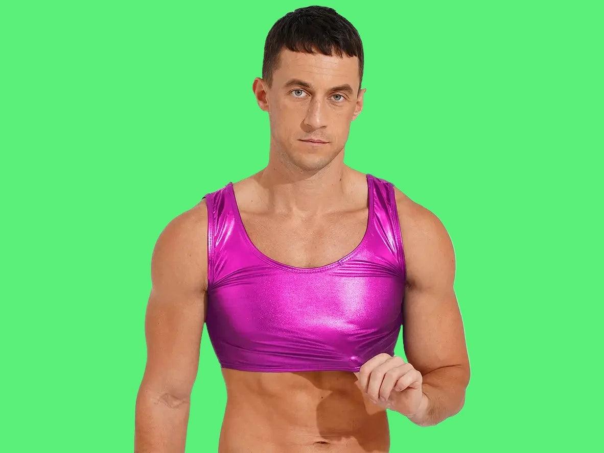 Magenta metallic sleeveless crop top for men low-rise fit