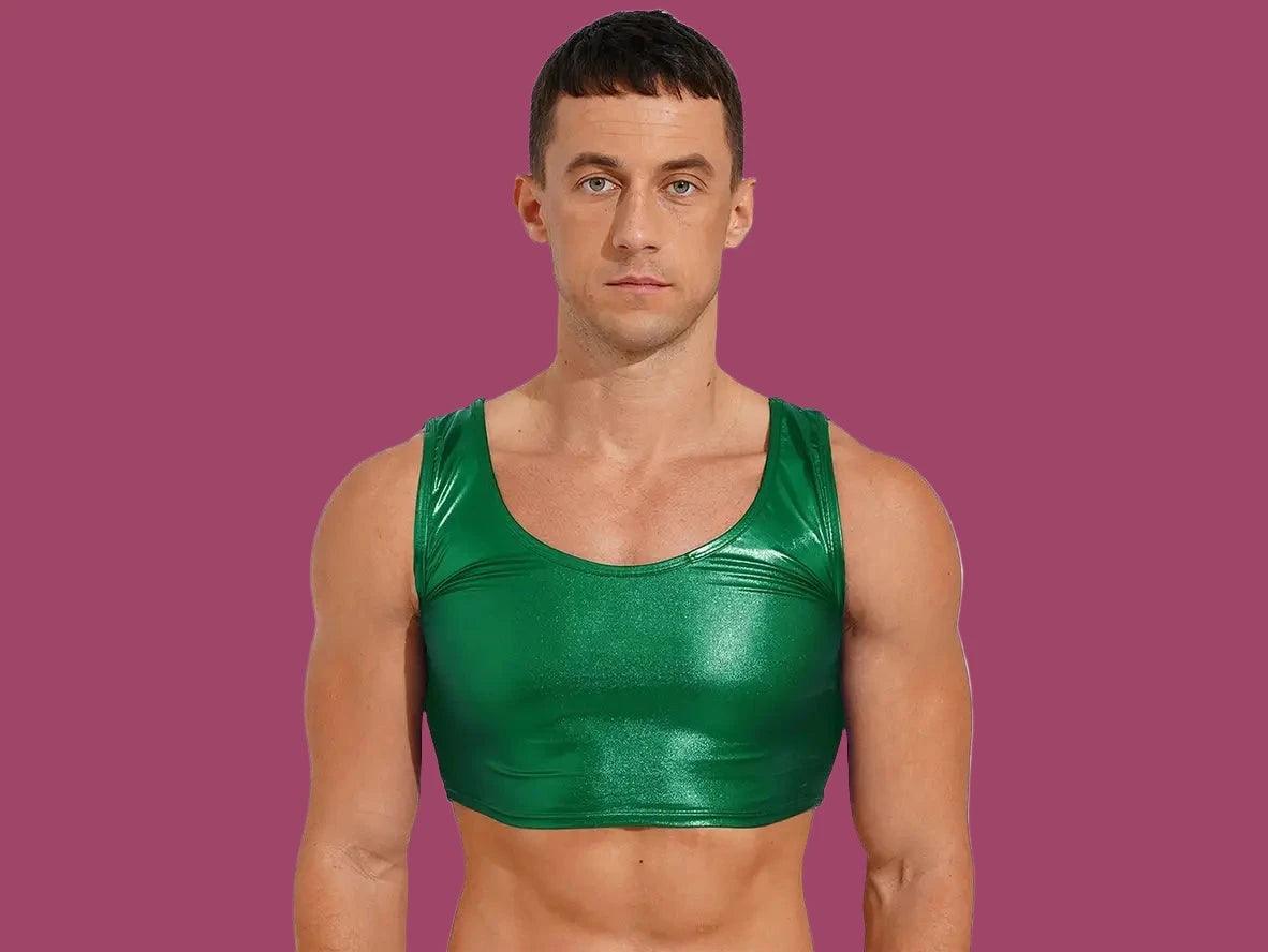 Green metallic clubwear crop top for men with shiny finish
