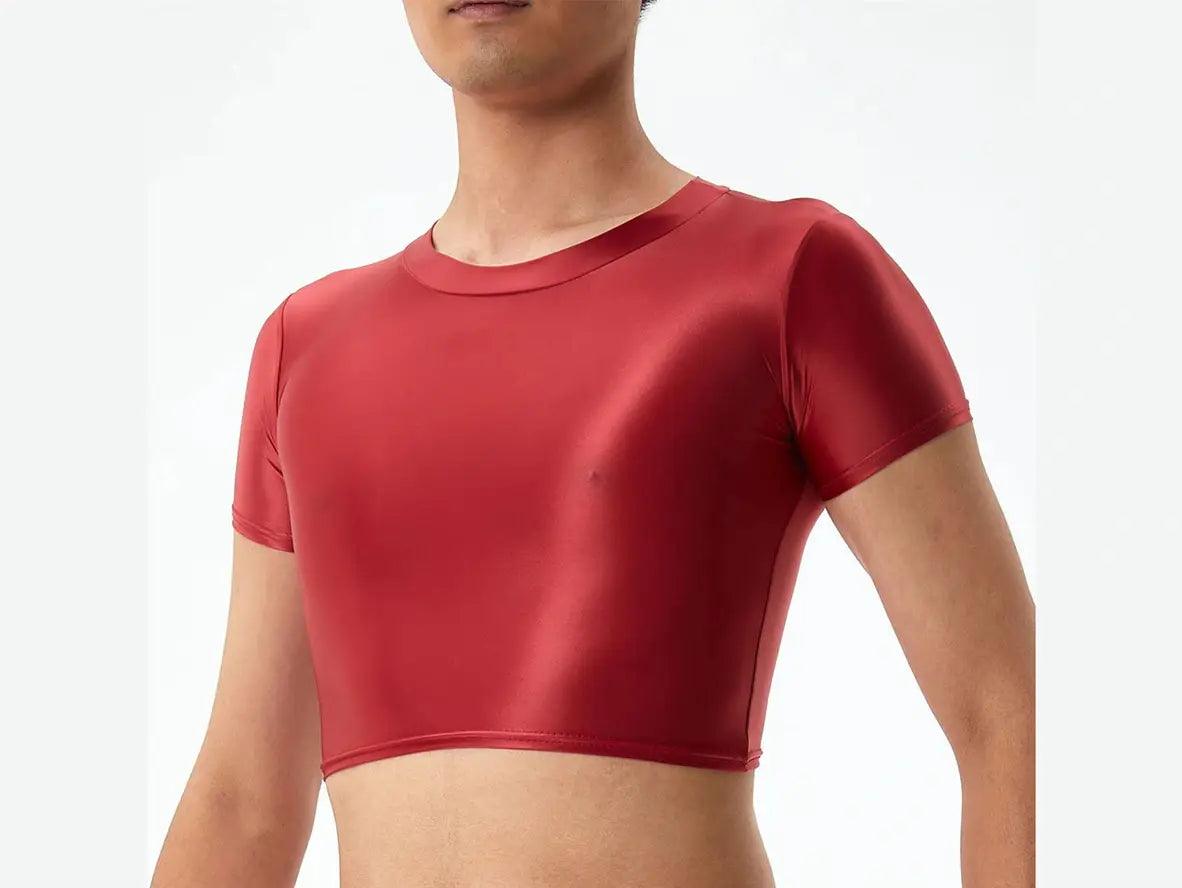 Deep red satin-finish short sleeve crop top with intense light reflection