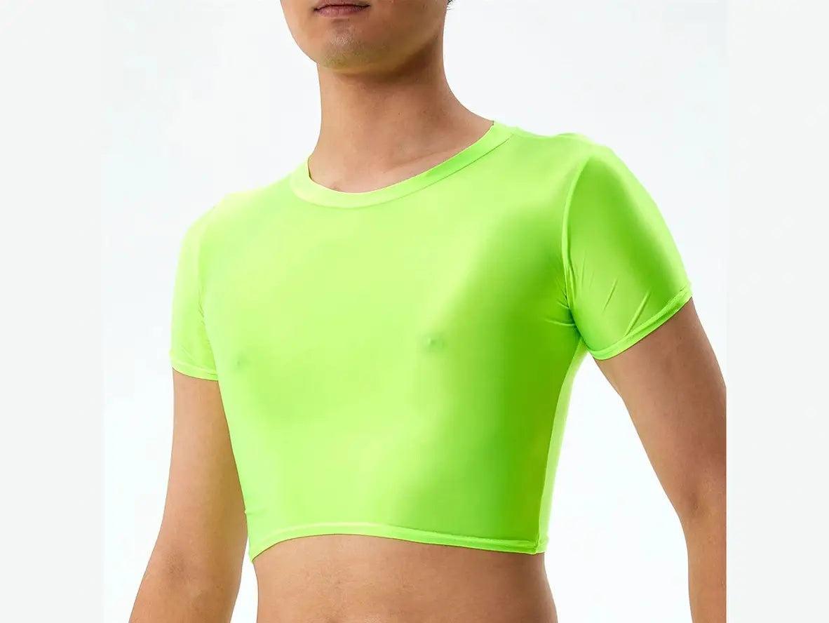 Neon green translucent glossy crop top with fluorescent shine and tight fit