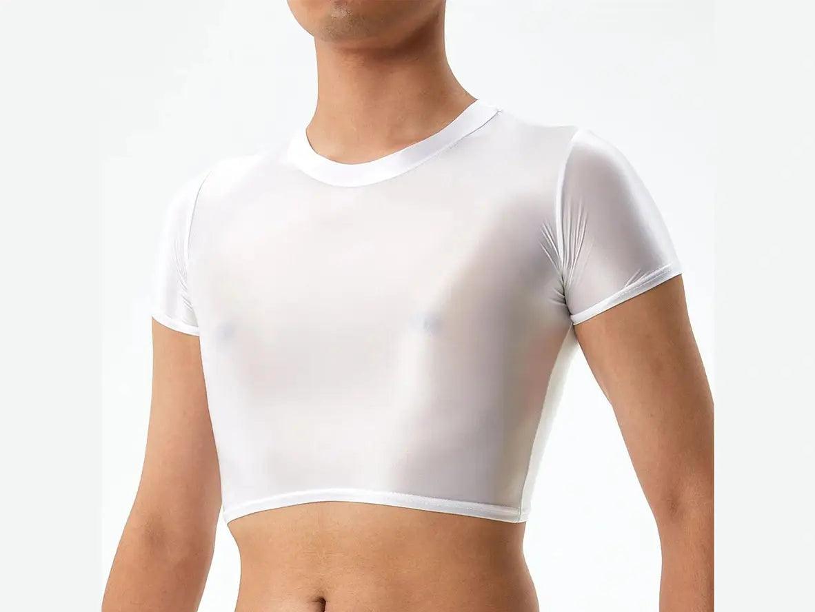 White semi-transparent glossy crop top highlighting fabric sheen and folds